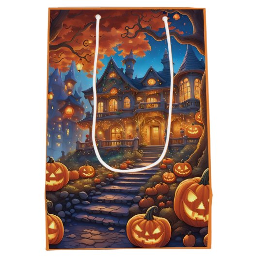 Spookachtige villa in het bos, pompoenen, Hallowee Medium Cadeauzakje (Achterkant)