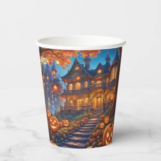 Spookachtige villa in het bos, pompoenen, Hallowee Papieren Bekers (Achterkant)