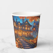 Spookachtige villa in het bos, pompoenen, Hallowee Papieren Bekers (Voorkant)