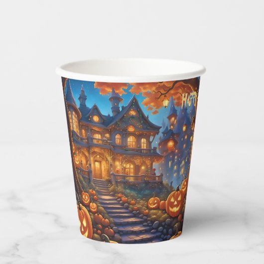 Spookachtige villa in het bos, pompoenen, Hallowee Papieren Bekers (Voorkant)