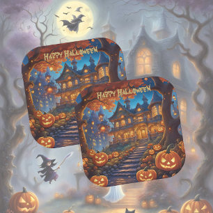 Spookachtige villa in het bos, pompoenen, Hallowee Papieren Bordje