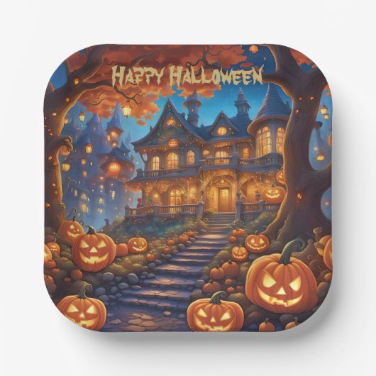 Spookachtige villa in het bos, pompoenen, Hallowee Papieren Bordje (Voorkant)