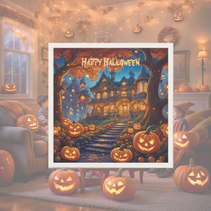 Spookachtige villa in het bos, pompoenen, Hallowee Servet