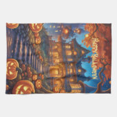 Spookachtige villa in het bos, pompoenen, Hallowee Theedoek (Horizontaal)