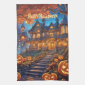 Spookachtige villa in het bos, pompoenen, Hallowee Theedoek (Verticaal)