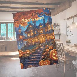 Spookachtige villa in het bos, pompoenen, Hallowee Theedoek