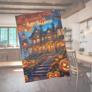 Spookachtige villa in het bos, pompoenen, Hallowee Theedoek