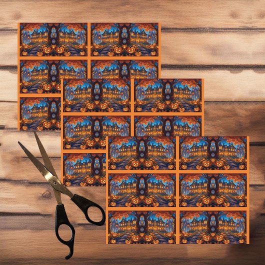 Spookachtige villa in het bos, pompoenen, Hallowee Tissuepapier