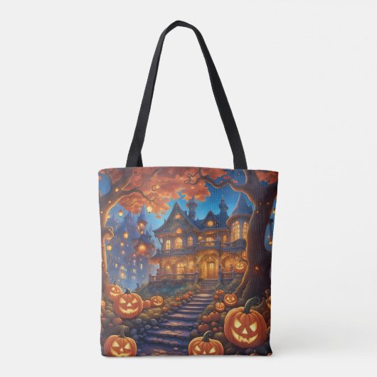 Spookachtige villa in het bos, pompoenen, Hallowee Tote Bag (Achterkant)