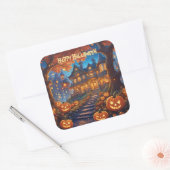 Spookachtige villa in het bos, pompoenen, Hallowee Vierkante Sticker (Envelop)