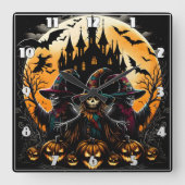 Spookachtige vogelverschrikker in pompoenpatch vierkante klok (Voorkant)