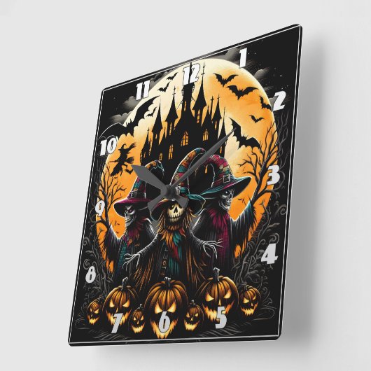 Spookachtige vogelverschrikker in pompoenpatch vierkante klok (Hoek)