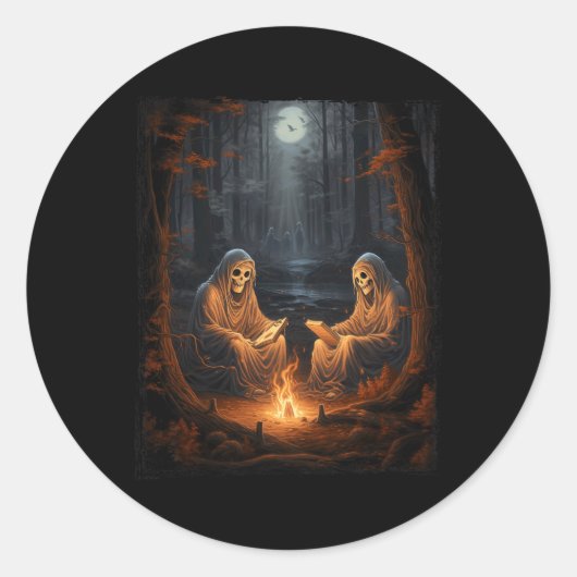 spookboek lezen Camping Gothic Hallowee Ronde Sticker (Voorkant)
