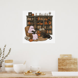Spookboeklezende kattenliefhebber Halloween Poster
