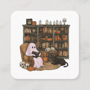 Spookboeklezende kattenliefhebber Halloween  Vierkante Visitekaartje