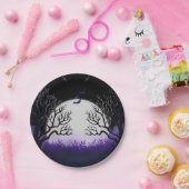 Spookbomen Paars en zwart, Full Moon Bat Halloween Papieren Bordje (Feest)