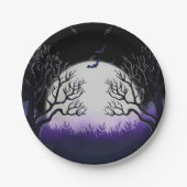 Spookbomen Paars en zwart, Full Moon Bat Halloween Papieren Bordje (Voorkant)