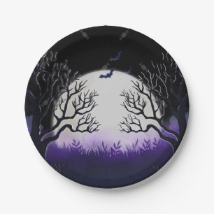 Spookbomen Paars en zwart, Full Moon Bat Halloween Papieren Bordje