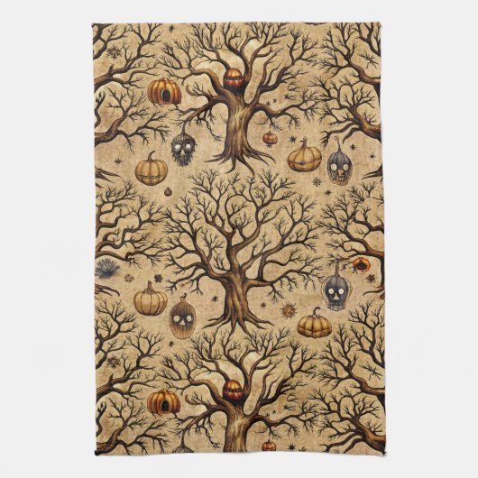  spookbomen & pompoenlantaarns Patroon Theedoek (Verticaal)