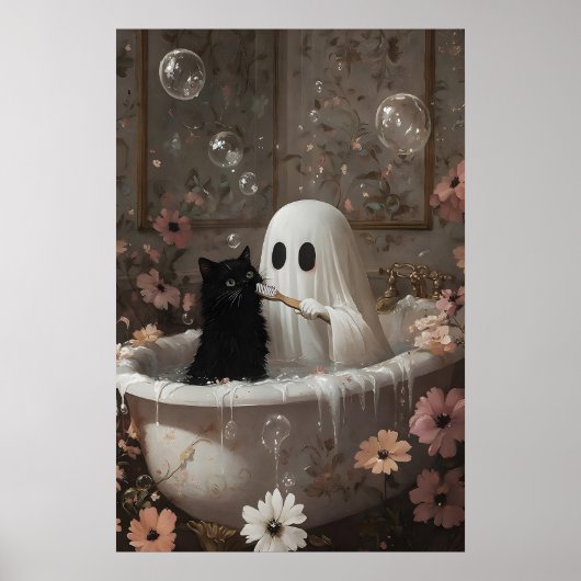 Spookborstel Zwart Kat Tanden Badkuip Afdruk Poster (Voorkant)