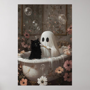 Spookborstel zwarte kat tanden badkuip afdruk poster
