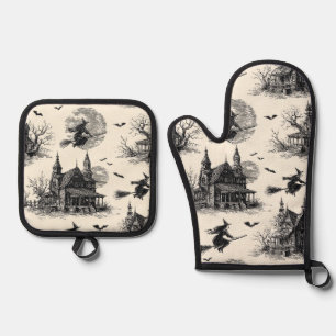 spookhuis en toile patroon (2) ovenwant & pannenlap set
