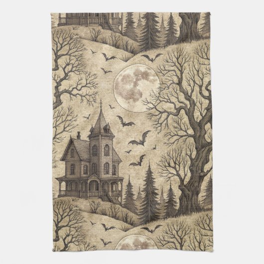 spookhuis en volle maan theedoek (Verticaal)
