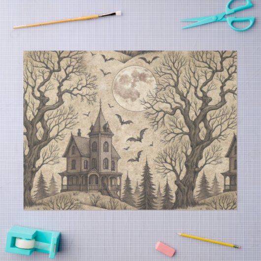  spookhuis en volle maan tissuepapier (Craft)