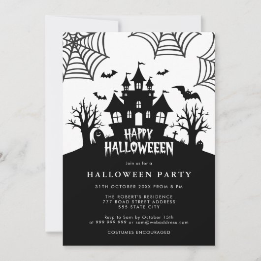 Spookhuis enge zwart-wit Halloween Party Kaart (Voorkant)