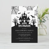 Spookhuis enge zwart-wit Halloween Party Kaart (Staand voorkant)