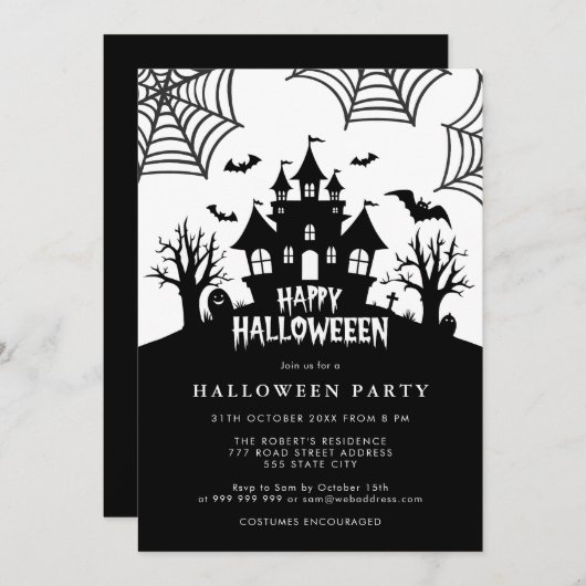 Spookhuis enge zwart-wit Halloween Party Kaart (Voorkant / Achterkant)