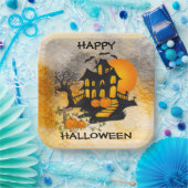 Spookhuis Jack O'lanterns, Zwarte Kat, Vleermuizen Papieren Bordje (Feest)