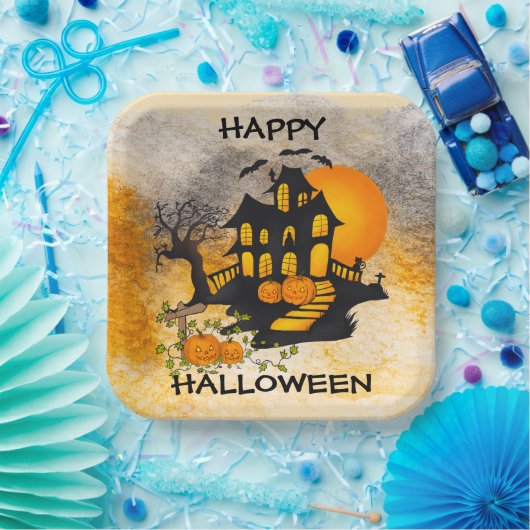 Spookhuis Jack O'lanterns, Zwarte Kat, Vleermuizen Papieren Bordje (Feest)