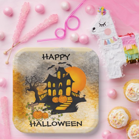 Spookhuis Jack O'lanterns, Zwarte Kat, Vleermuizen Papieren Bordje (Feest)