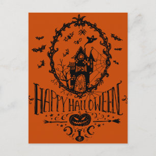 Spookhuis Lijntekening Gelukkig Halloween Oranje Briefkaart