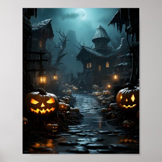 spookhuis met bomen en pomkins rond eng poster (Voorkant)