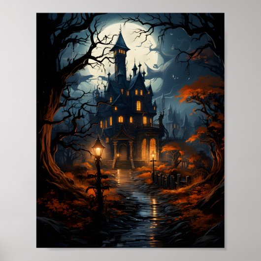 Spookhuis met bomen rond Halloween nacht Poster (Voorkant)