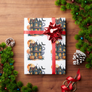 Spookhuis met pompoenen en vleermuizen Halloween Cadeaupapier