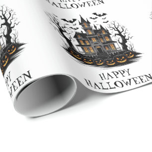 Spookhuis met pompoenen en vleermuizen Halloween Cadeaupapier