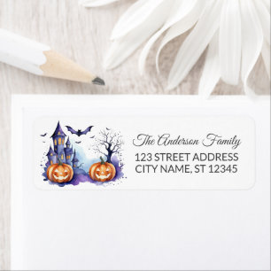 Spookhuis met pompoenen en vleermuizen Halloween Etiket