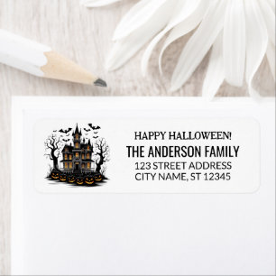 Spookhuis met pompoenen en vleermuizen Halloween Etiket