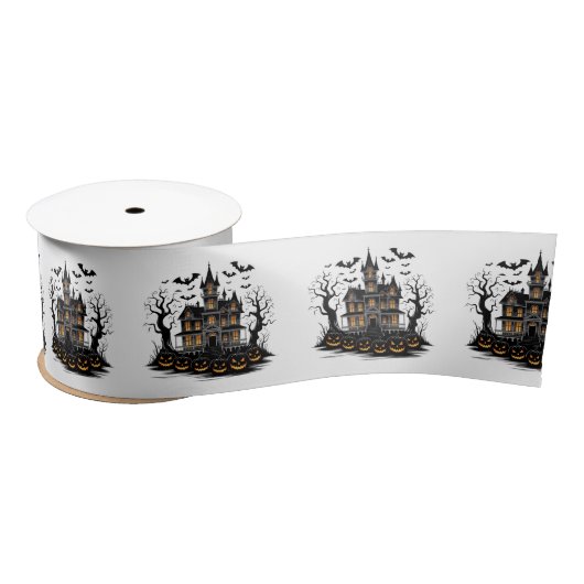 Spookhuis met pompoenen en vleermuizen Halloween Satijnen Lint (Spoel)