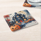 Spookhuis onder de maanlicht Halloween magie Kartonnen Onderzetters (Schuin)