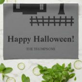 Spookhuis silhouet en aangepaste tekst Halloween Theedoek (Gevouwen)