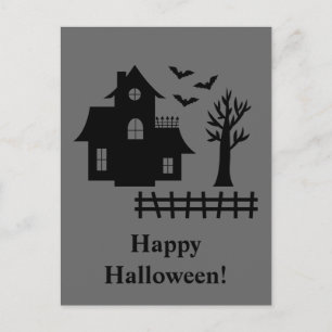 Spookhuis silhouet met vleermuizen grijs halloween briefkaart