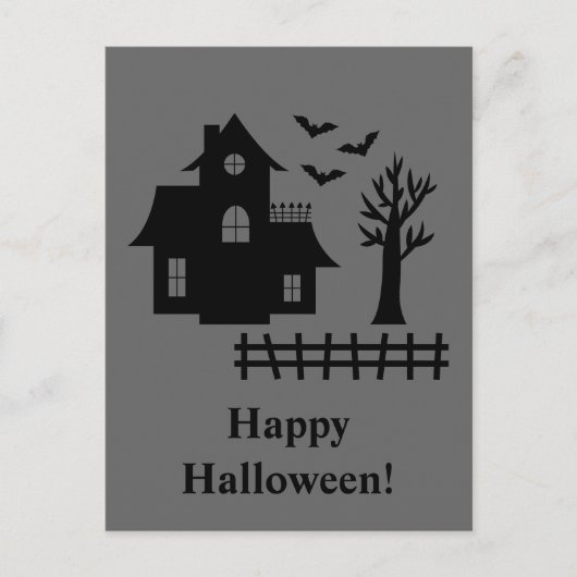 Spookhuis silhouet met vleermuizen grijs halloween briefkaart (Voorkant)