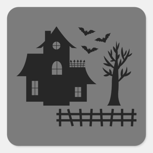 Spookhuis silhouet met vleermuizen grijs halloween vierkante sticker (Voorkant)