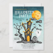 Spookhuis Spooky Turquoise Sky Halloween Party Kaart (Voorkant)