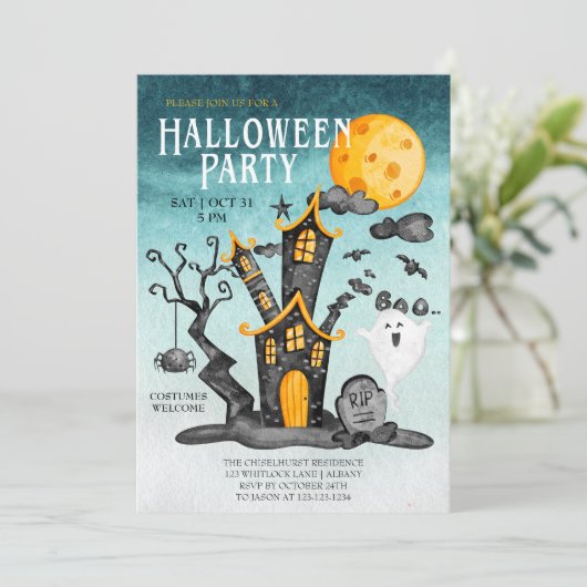 Spookhuis Spooky Turquoise Sky Halloween Party Kaart (Staand voorkant)