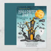 Spookhuis Spooky Turquoise Sky Halloween Party Kaart (Voorkant / Achterkant)